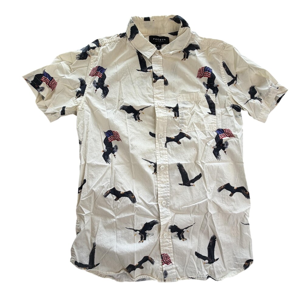 PacSun Shirt Mens Small White Eagle American Flag Short Sleeve Button Front